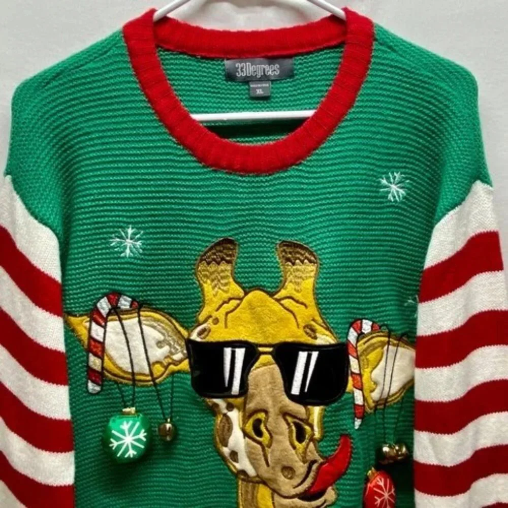 33 Degrees Christmas Sweater Men's XL Multicolor + Giraffe Scarf Beverage Pocket